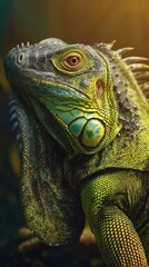 Obraz premium Close up of green iguana tropical sunlight detailed reptile portrait mobile wallpaper and exotic background