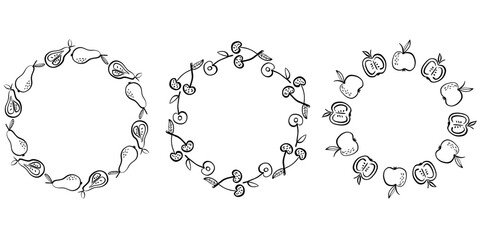Fruit wreath borders with sliced pears, cherries and apples in hand drawn black and white illustration style, ideal for organic labels, packaging, vintage decoration and botanical design templates