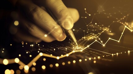 Surreal business scene of a hand drawing glowing financial lines in gold, black, amber, perfect for Finance Day, New Year goals, Investor events.