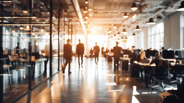 Blurry office background with people workers defocused silhouettes walking in big company coworking corporate workspace lit with sunlight. Office work day rush concept. AI generative video .