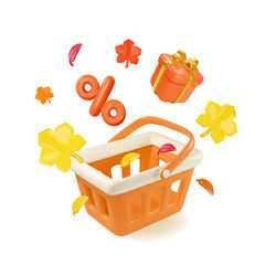 Autumn sale, shopping basket with percentage sign, autumn leaves, gift box. Orange vibrant colors. Discount decoration banner 3d vector illustration