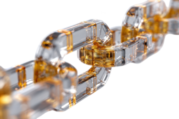 Abstract chain links, translucent, golden liquid