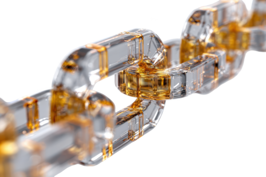 Abstract chain links, translucent, golden liquid