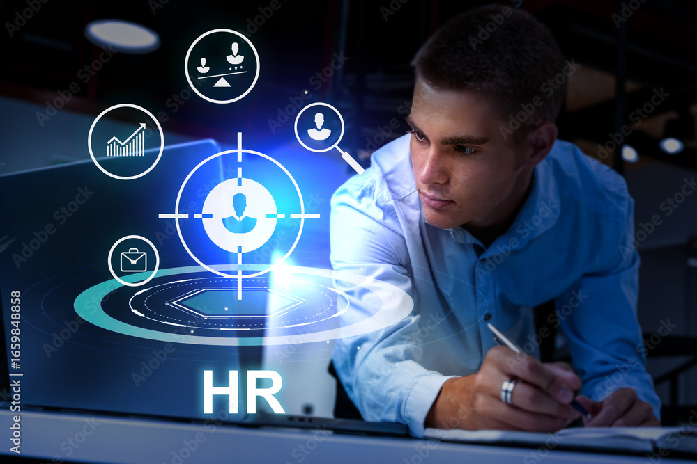 Poster hr professional analyzing data and engaging with technology in a modern office setting