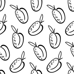 hand drawn plums seamless pattern in black and white with repeated stone fruit shapes arranged for wrapping textile wallpaper packaging concept of healthy nutrition concept of graphic design