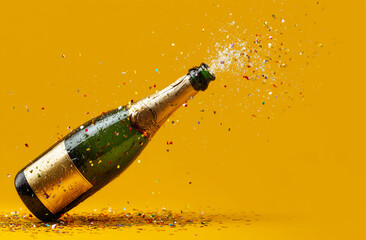 Bottle of champagne with splashes and confetti on yellow background