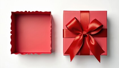 Flat lay, top view of empty open red gift box with ribbon bow on white background. Clean showcase, display stage for product placement, present setup, promotional or advertising campaign.