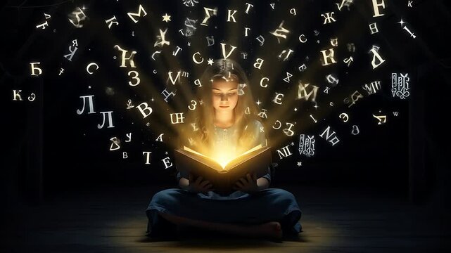 Girl Reading Magical Book Enchanting Literacy Illustration
