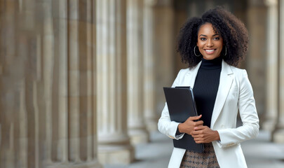 Afro businesswoman holding clipboard outdoors at the street. confident Black woman with curly hair is standing and smiling directly at the camera. She is holding a black folder. copy space