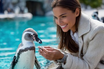 Woman interacts with penguin by the water in a sunny outdoor setting