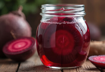 Close-up of pickled beetroot slices in glass jar with brine. Rustic composition on wood table. Freshly preserved beets. Healthy fermented vegetables marinated with spices, vinegar, salt.