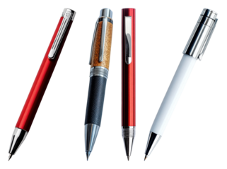 Four diverse pens with metal clips and tips two red one wood textured one white transparent background
