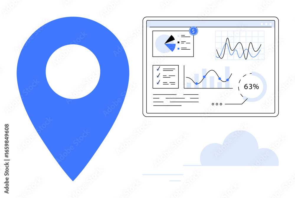 Poster blue location pin and data dashboard with charts, graphs, and stats beside cloud abstract. ideal for