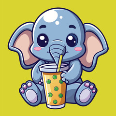 a baby elephant with boba drink