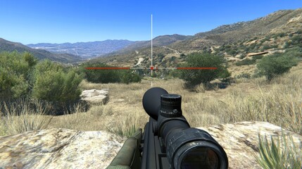 First-person view of a sniper rifle aiming at a distant target in a mountainous terrain under a