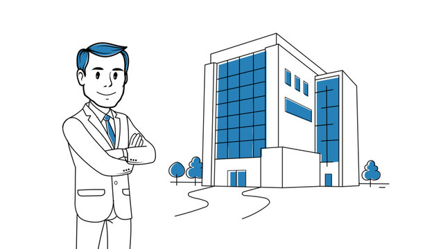 Minimalist vector outline of a person standing an office building, in whiteboard style. Ideal for corporate, professional business . For presentations, websites, infographics, and explainer visuals.