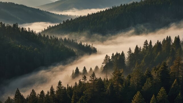Foggy mountain pass with pine forest, early morning light beams