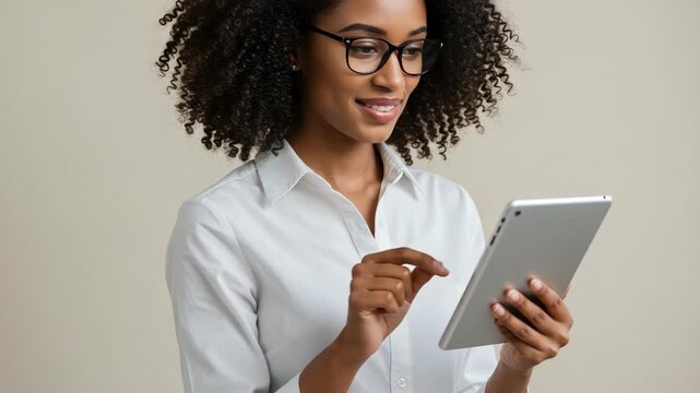 Young african american woman with curly hair and glasses wearing a white shirt, smiling while holding and using a tablet computer