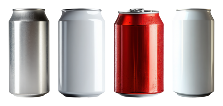 Four aluminum beverage cans including one red with condensation and two white black transparent background