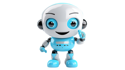 Friendly blue robot gives thumbs up, offering innovative solutions with a cheerful digital presence