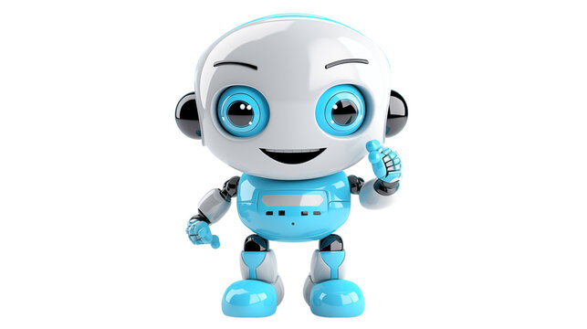Friendly blue robot gives thumbs up, offering innovative solutions with a cheerful digital presence