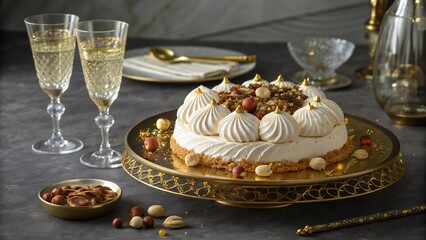 A gourmet cake on a golden stand with champagne glasses and nuts for a celebratory occasion
