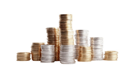 Stacks of various coins on black background, representing wealth, savings, and finances