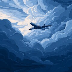 Naklejka premium An airplane flying through a sky full of fluffy blue and white clouds on a bright sunny day artwork