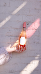 Rose wine bottle with blank copy space label held by hand against pastel wall. Concept of lifestyle...