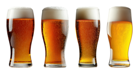 Four glasses of amber beer with frothy white heads showing bubbles drinks transparent background