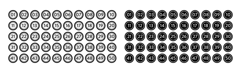 Set of black and white simple number bullet marker with from 1 to 50. Monochrome round stickers, badges with numbers. Collection of marker icons. Vector flat illustration