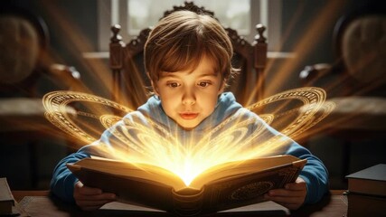 Boy's Enchanting Discovery: Exploring Magic Through an Illuminated Book and Spellbinding Light - Powered by Adobe