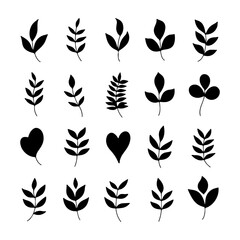 Black leaf silhouettes arranged in a grid pattern showcasing various shapes and forms for decorative purposes