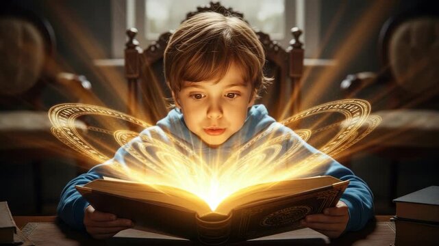 Boy's Enchanting Discovery: Exploring Magic Through an Illuminated Book and Spellbinding Light