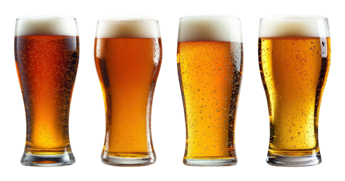 Four tall glasses of golden beer with foamy white heads and rising bubbles transparent background
