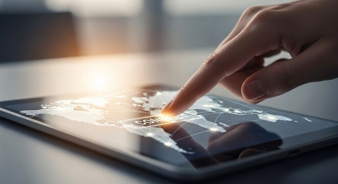 Close-up of a finger touching a glowing world map interface on a modern tablet device.