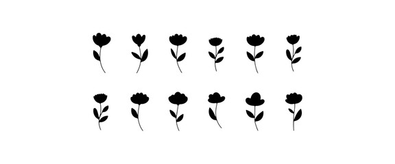 Black silhouette flowers arranged in a creative pattern on a white background for decorative purposes