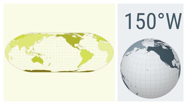 World Map Animation. Nell-Hammer projection. Colored continents style. Animated world map in Nell Hammer projection. Loopable animation showing longitude shift and matching globe.