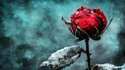 A Red Rose in Winter: Capturing Beauty Amidst the Cold and Snow on a Dramatic Backdrop