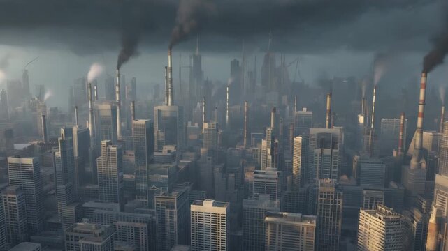 Polluted Dark Industrial Cityscape Aerial View.