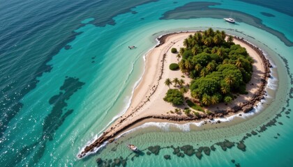 palm trees falling as shoreline collapses, turquoise water eroding sandy edge, island shrinking visibly, climate change impact, aerial photography angle, hyper realistic, nature documentary.