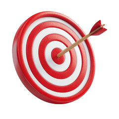 Arrow hits center of red and white target. 3D render, focus on success