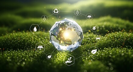 Luminous sphere of earth encapsulated in dewdrops on lush green moss under golden sunlight