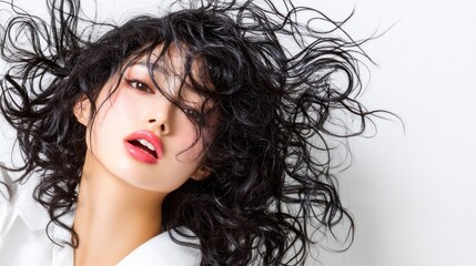 Portrait of a beautiful Asian woman with dramatic hair and bold makeup expressing confidence and