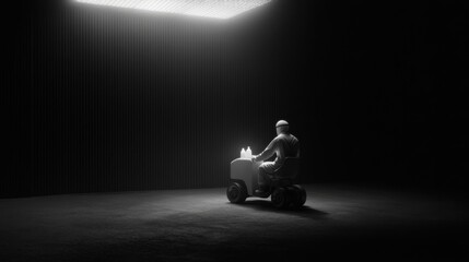 Futuristic milkman delivering glowing bottles in hover car in dark urban environment