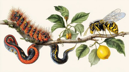 Scientific-style illustration of a branch with green leaves, yellow fruit, colorful caterpillar, patterned snake, and yellow-black wasp interacting in a natural scene