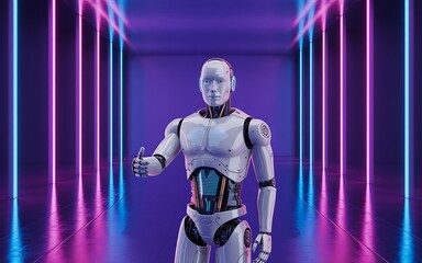 A futuristic humanoid robot with a muscular build stands in a neonlit corridor, giving a thumbsup gesture