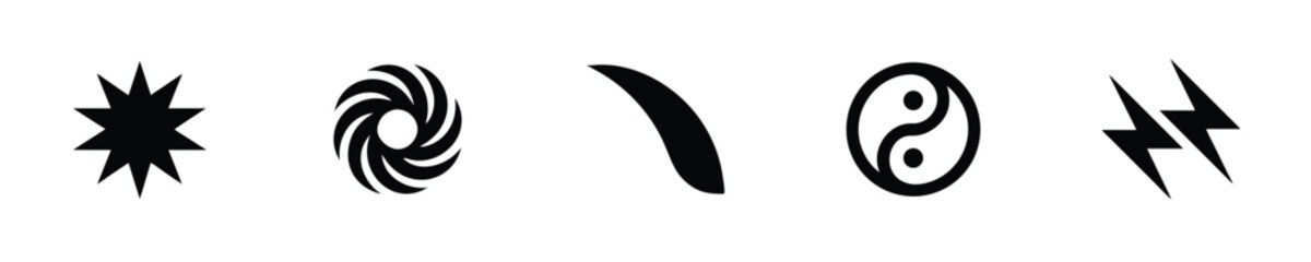 Abstract symbols including star yin yang lightning bolt swirl curve