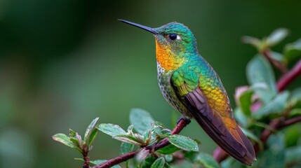 Fototapeta premium Vibrant multicolored hummingbird perched on leafy branch against soft green background