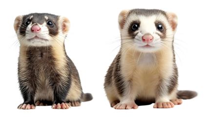 Two curious ferrets sit side by side looking directly at the viewer Animal transparent background